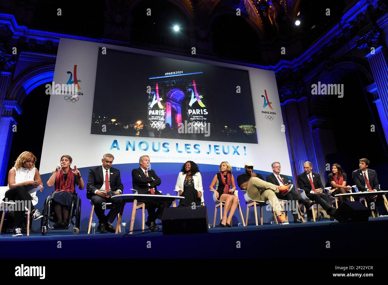 Estelle Mossely, Comité Paralympique et Sportif Français (CPSF) President Emmanuelle Assmann, Paris 2024 Bid CEO and Olympian Etienne Thobois, French IOC Member Guy Drut, French Minister for Sports and two-time Olympic gold medallist Laura Flessel, President of the Ile-de-France Valerie Precresse, two-time Olympic Judoka champion Teddy Riner, Comité National Olympique et Sportif Français (CNOSF) President Denis Masseglia, Paris Mayor Anne Hidalgo and Paris 2024 Bid Co-Chair and 3-time Olympic Champion Tony Estanguet during the reception in honor of the French delegation Paris 2024, City Hall, Stock Photo