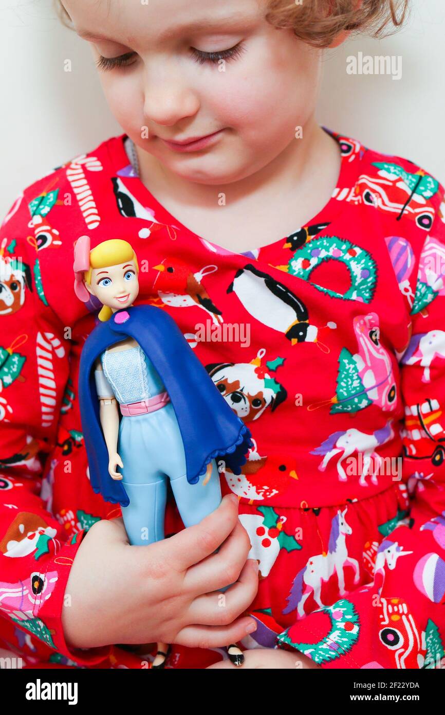 3 year-old Lara Young holds a Toy Story 4 True Talkers toy Bo, one of the Top 12 toys this Christmas unveiled at Dreamtoys 2019 in London. The list, issued by the Toy Retailers Association predicts what will be hot this Christmas. It is selected by a panel of retailers and industry experts and is fiercely independent of toy manufacturers and makers. Photo credit should read: Katie Collins/EMPICS Entertainment/Alamy Stock Photo