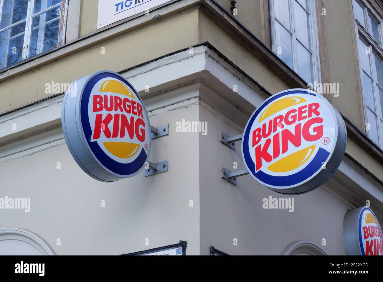 Budapest, Hungary March 5, 2021 Burger King company fast food restaurant brand logo on the