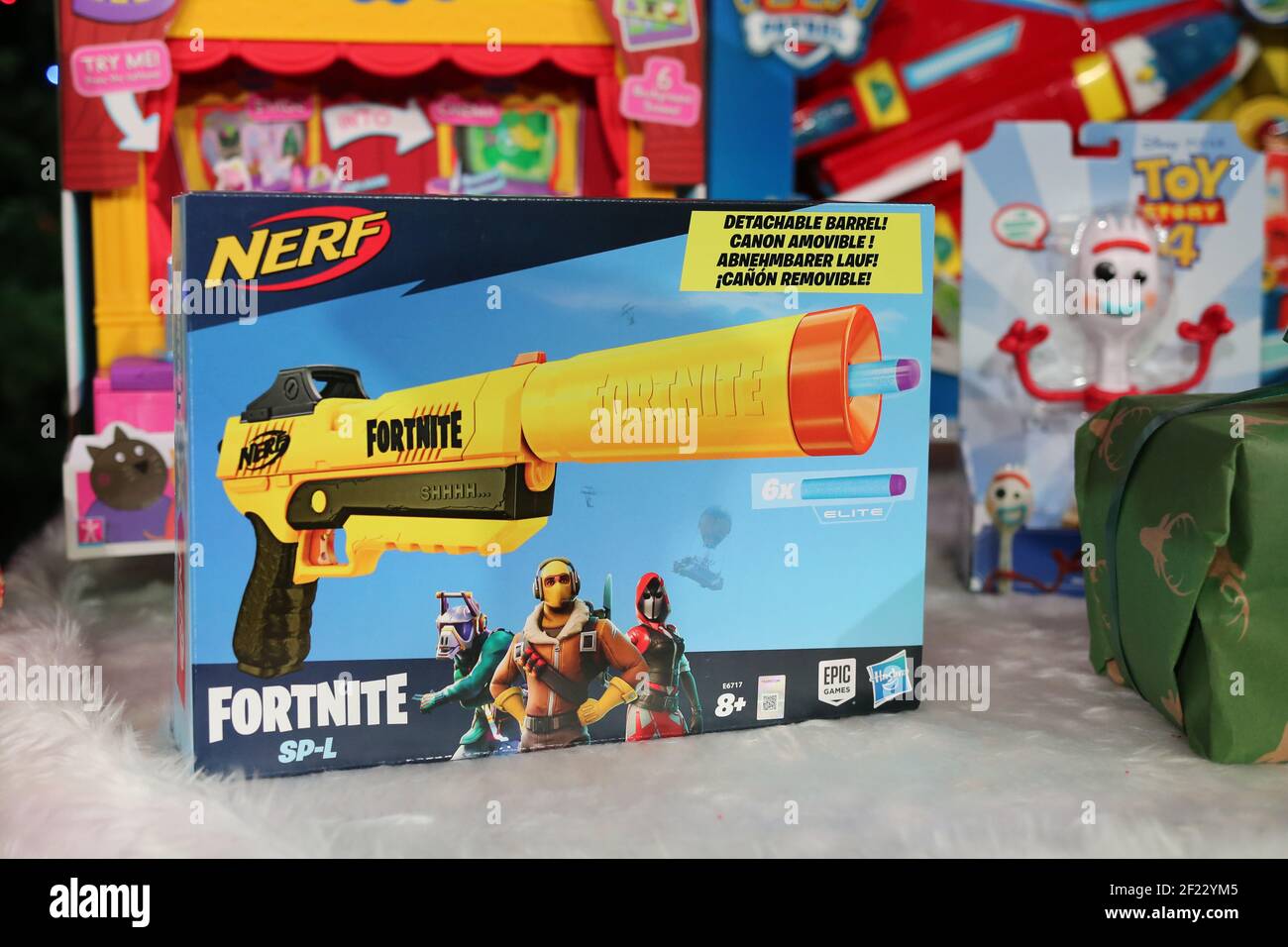 The Nerf Elite Fortnite SP-L, one of the Top 12 toys this Christmas unveiled at Dreamtoys 2019 in London. The list, issued by the Toy Retailers Association predicts what will be hot this Christmas. It is selected by a panel of retailers and industry experts and is fiercely independent of toy manufacturers and makers. Photo credit should read: Katie Collins/EMPICS Entertainment/Alamy Stock Photo