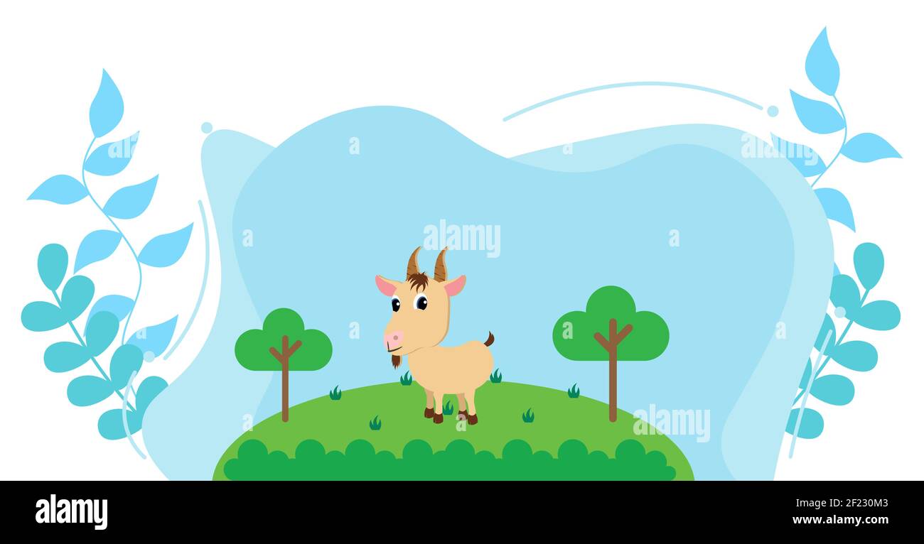 Cute Cartoon Vector Illustration of Goat and Farm Rural Meadow Design ...