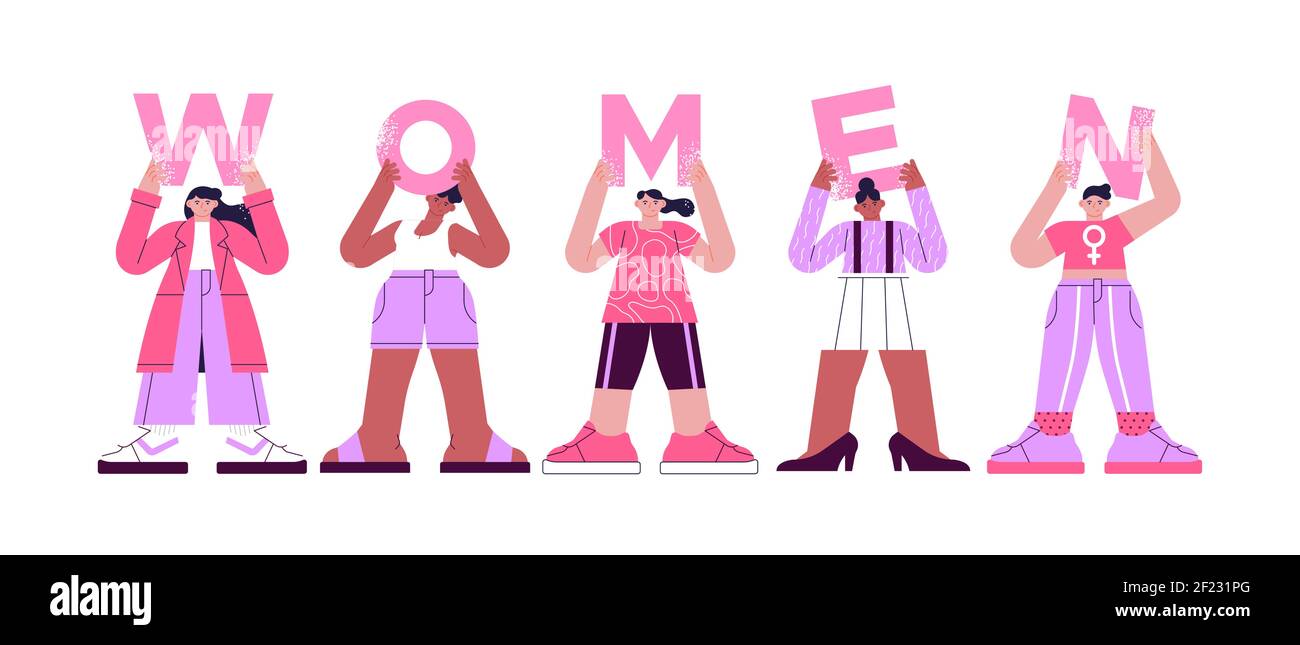 Diverse young woman characters holding pink women sign letters on isolated background. Modern flat cartoon illustration concept for gender equality or Stock Vector