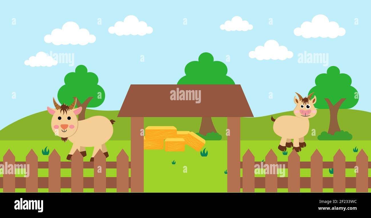 Cute Cartoon Vector Illustration of Goat and Farm Rural Meadow Design ...