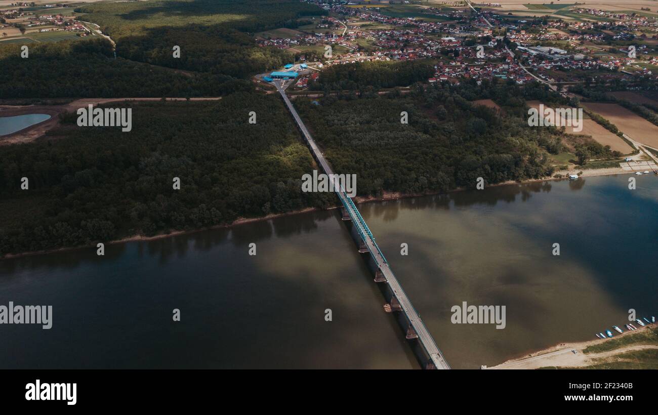 An aerial view of the river shoreline in the Brcko district and a ...