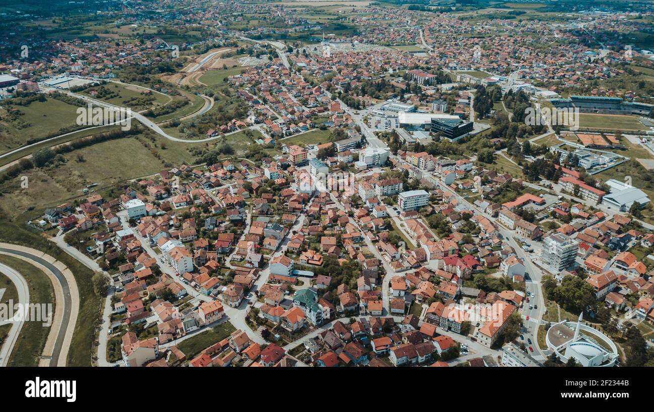 An aerial view of the Brcko district center and artificial water ...