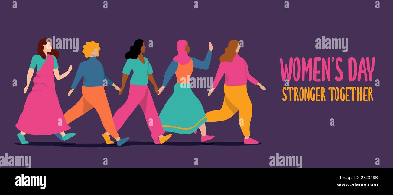 International Women's day banner illustration of diverse women crowd walking in parade together. Stronger together, modern flat cartoon style for spec Stock Vector