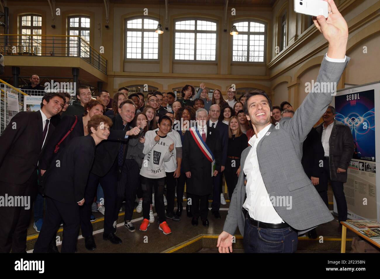 Mayor of Vanves Bernard Gauducheau with President of Paris 2024 Tony Estanguet, Secretary of State for Persons with Disabilities Sophie Cluzet, French Minister of National Education Jean-Michel Blanquet,, French Sports Minister Laura Flessel, during the Olympic and Paralympic Week at the Cite scolaire Michelet, in Vanves, France, on January 29, 2018 - Photo Philippe Millereau / KMSP / DPPI Stock Photo