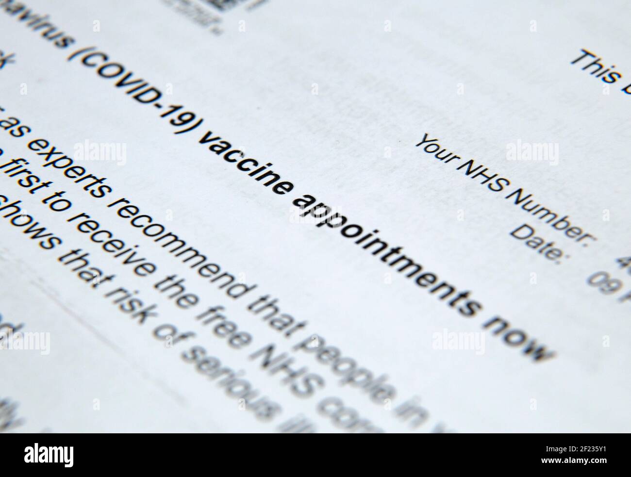 Appointment letter for a Covid 19 Coronavirus vaccination. Stock Photo