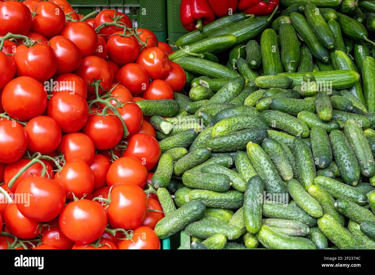 Pickles and tomatoes for sale at a market Stock Photo