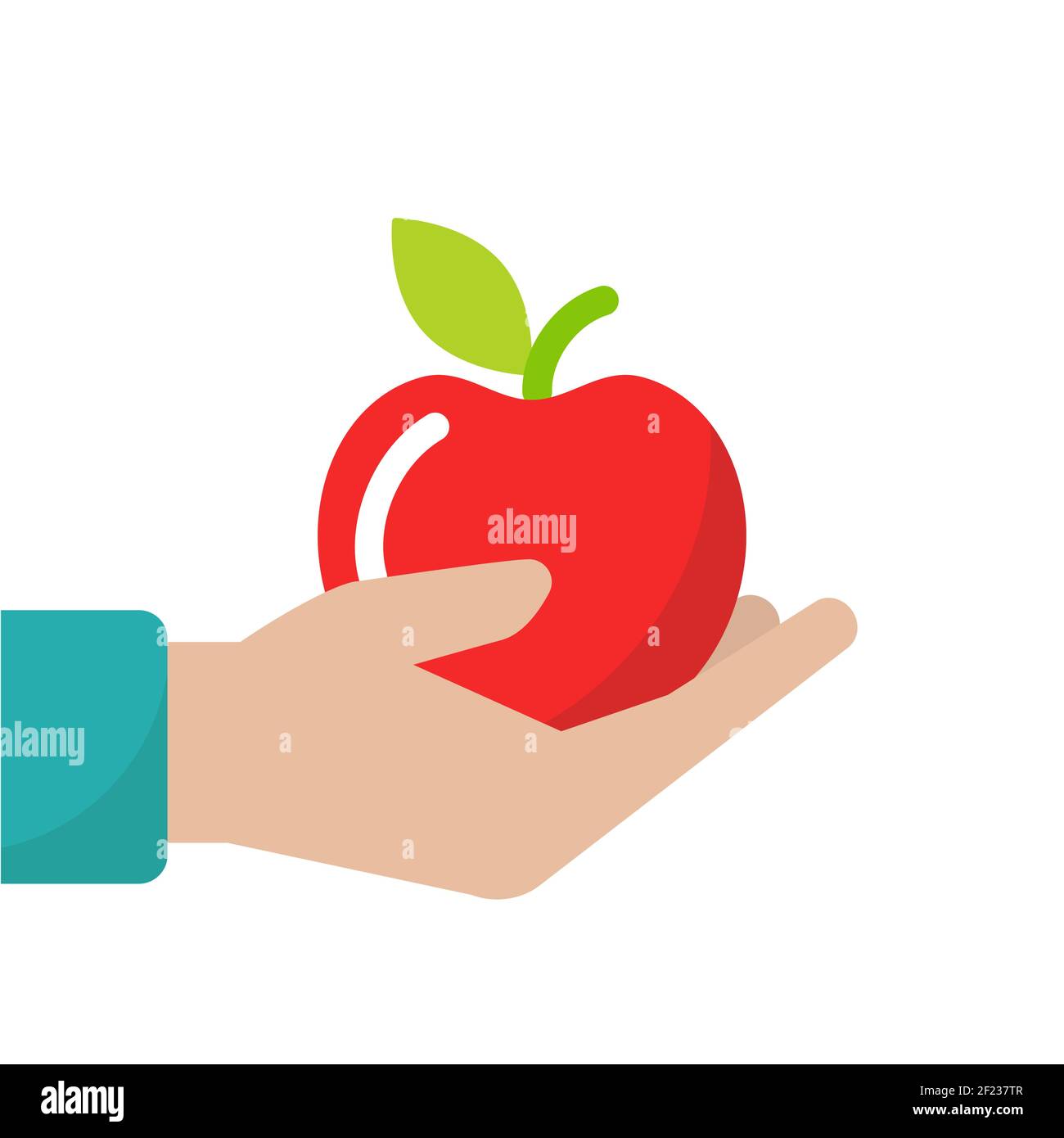 Hand holding red ripe apple. Fresh fruit in handful on white background. Healthy food, diet, vegeterian, vitamin and nature concept. Flat vector illus Stock Vector