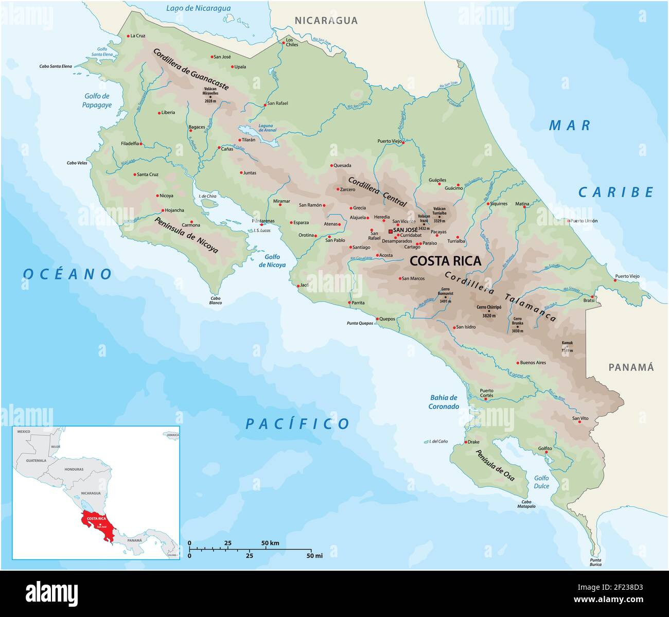 Physical vector map of the Central American Republic of Costa Rica Stock Vector