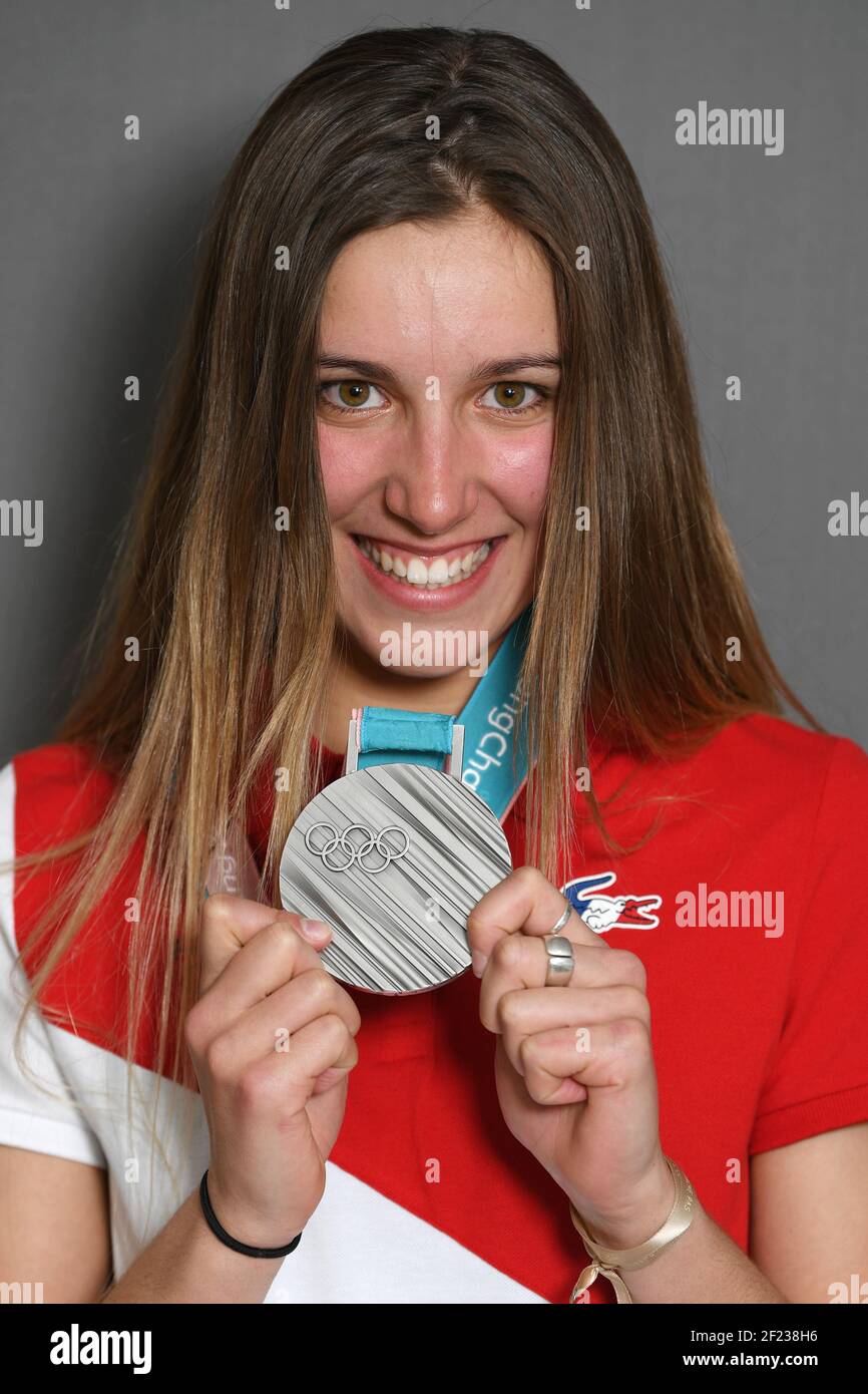Julia Pereira de Sousa Mabileau (Fra) poses with her silver medal during  the XXIII Winter Olympic Games Pyeongchang 2018, Women's Snowboard Cross,  on February 16, 2018, at Club France in Pyeongchang, South