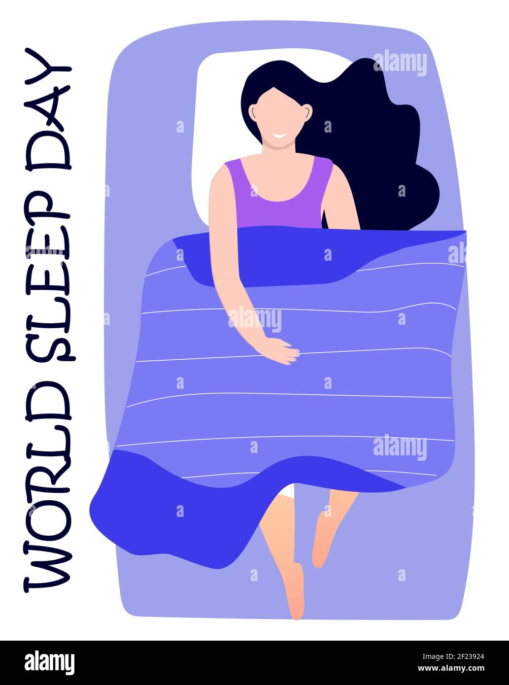 World sleep day concept vector. Beautiful woman is sleeping in bed ...