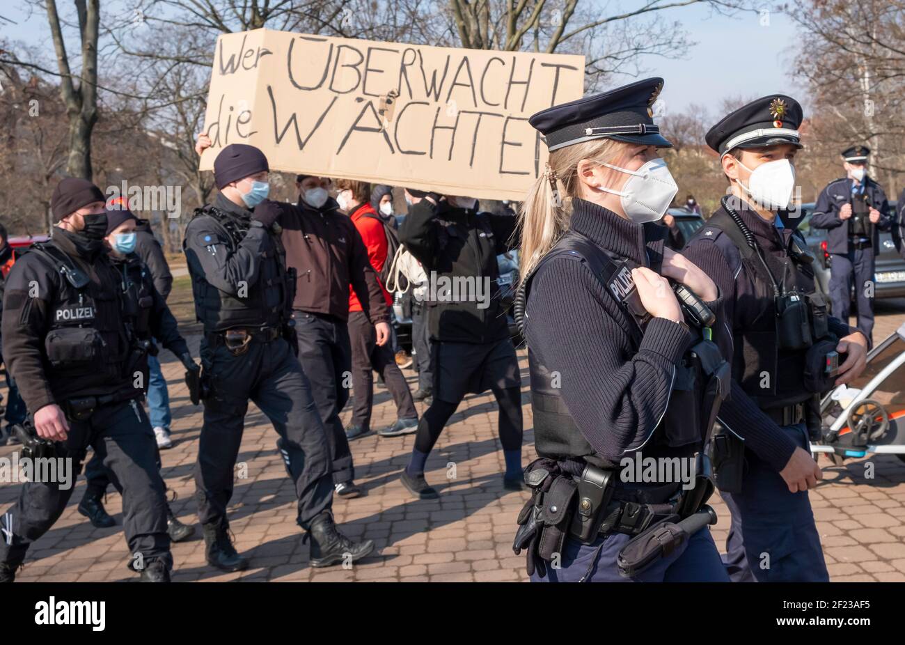 Dresden, Germany. 10th Mar, 2021. Two police officers, by