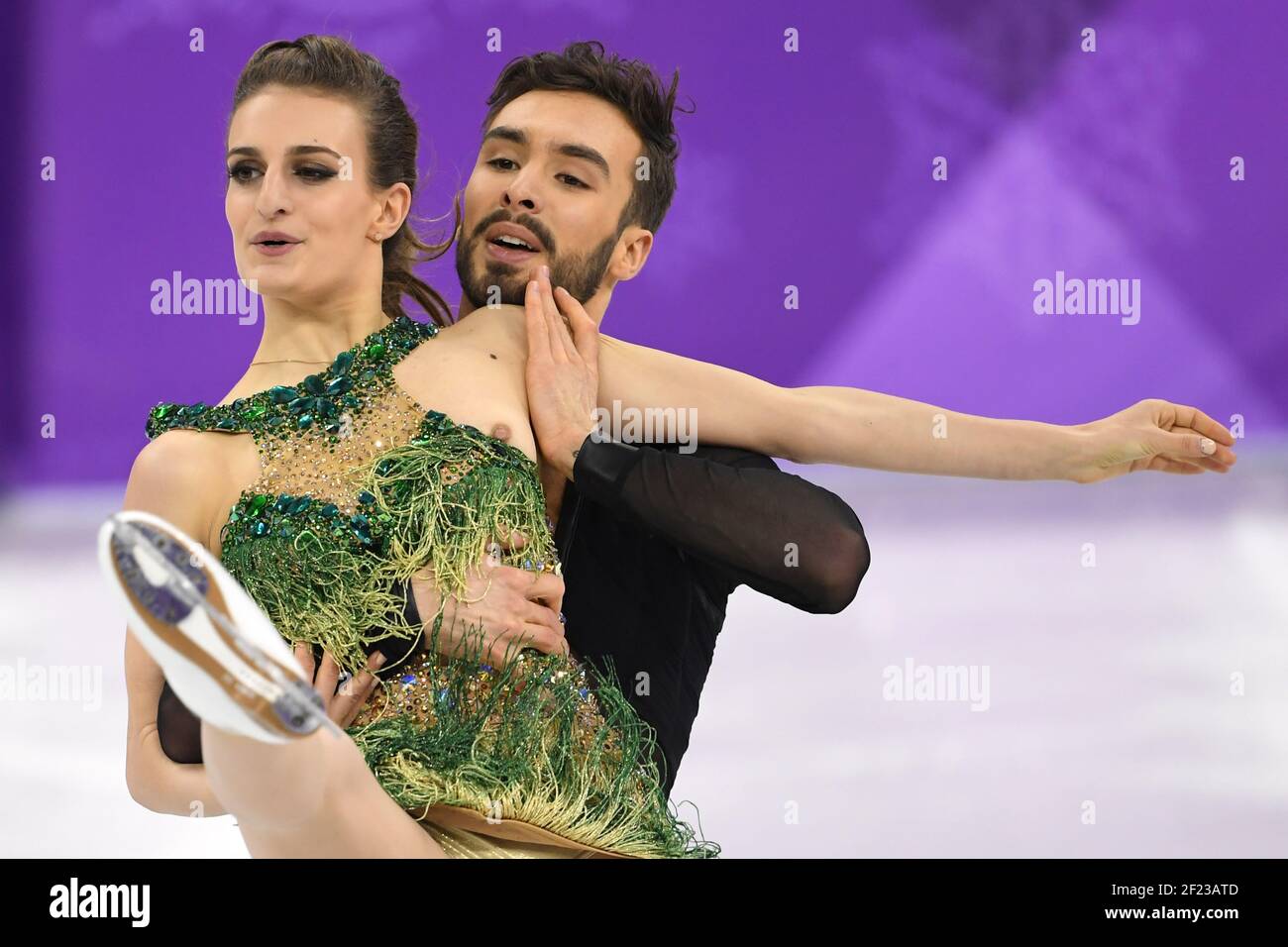 Gabriella Papadakis (Her dress is undone and reveals her bosom) and  Guillaume Cizeron during the XXIII Winter Olympic Games Pyeongchang 2018,  Figure Skating, Ice Dance Short program, on February 19, 2018, at