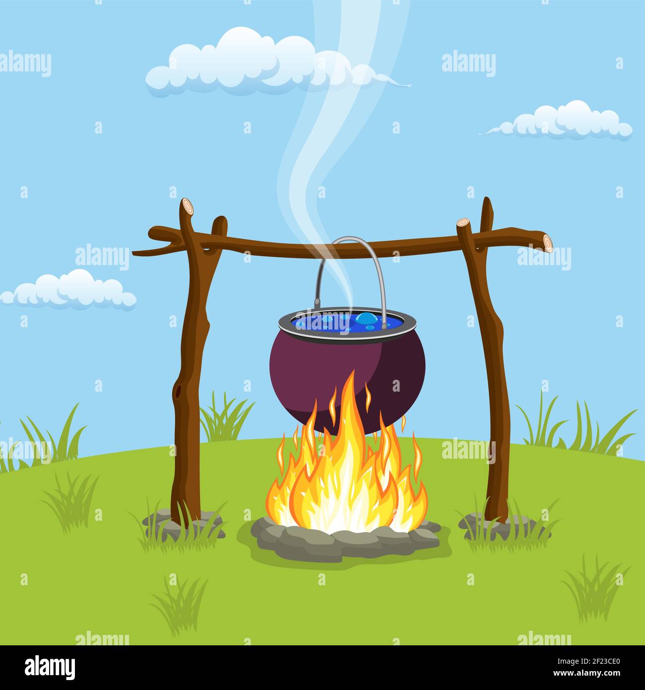 Black camping pot over a bonfire Stock Vector