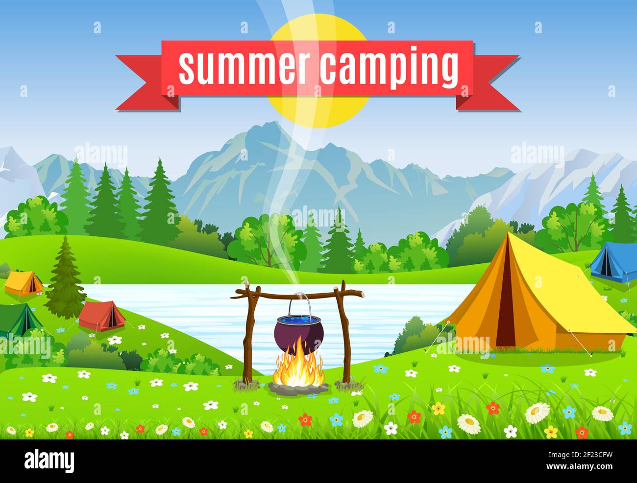 Black camping pot over a bonfire Stock Vector