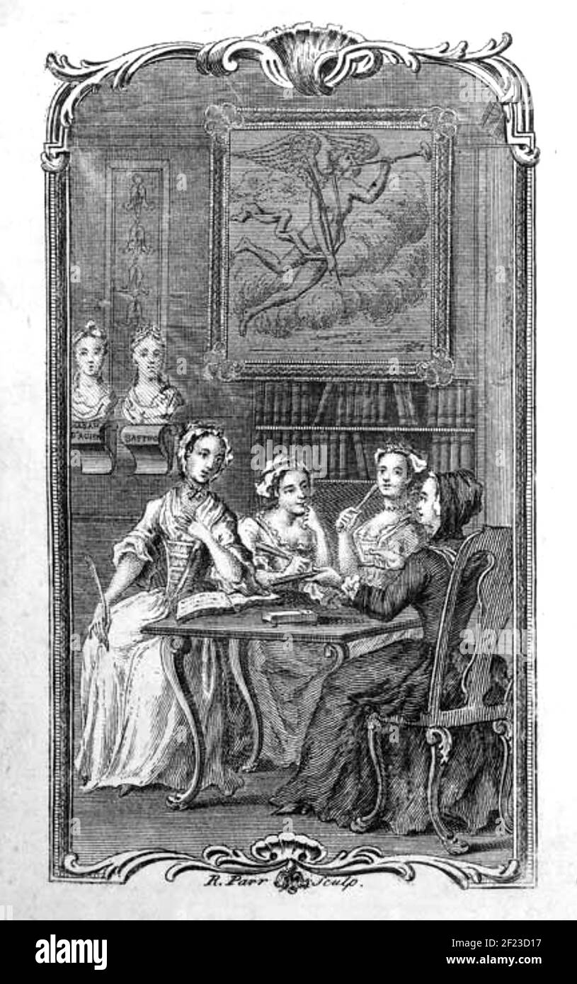 ELIZA HAYWOOD (c 1693-1756) English poet, playwright,actress, publisher in a 1725 engraving. Frontispiece to the first edition of her monthly magazine The Female Spectator in 1745. It shows four fictional characters - Mira, Euphrosine, Widow of Quality and The Female Spectator -discussing issues of the day. Stock Photo