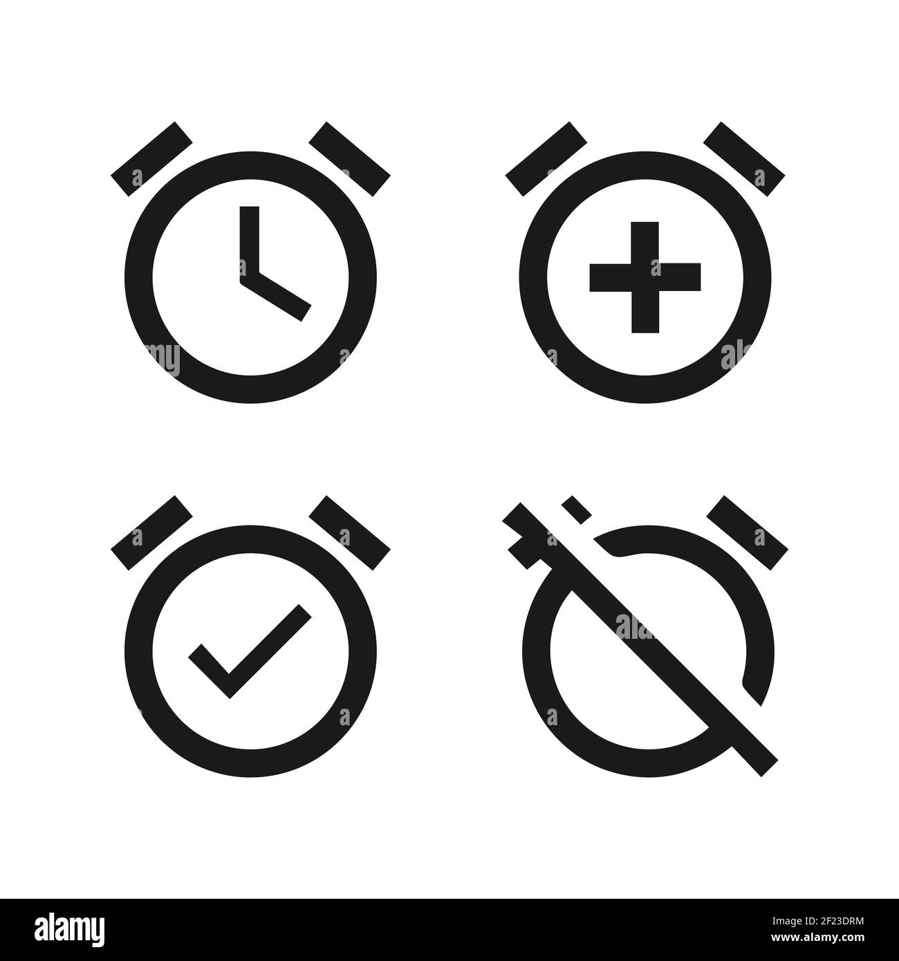 Flat style alarm clock set. Add, on, off alarm. Vector EPS 10 Stock