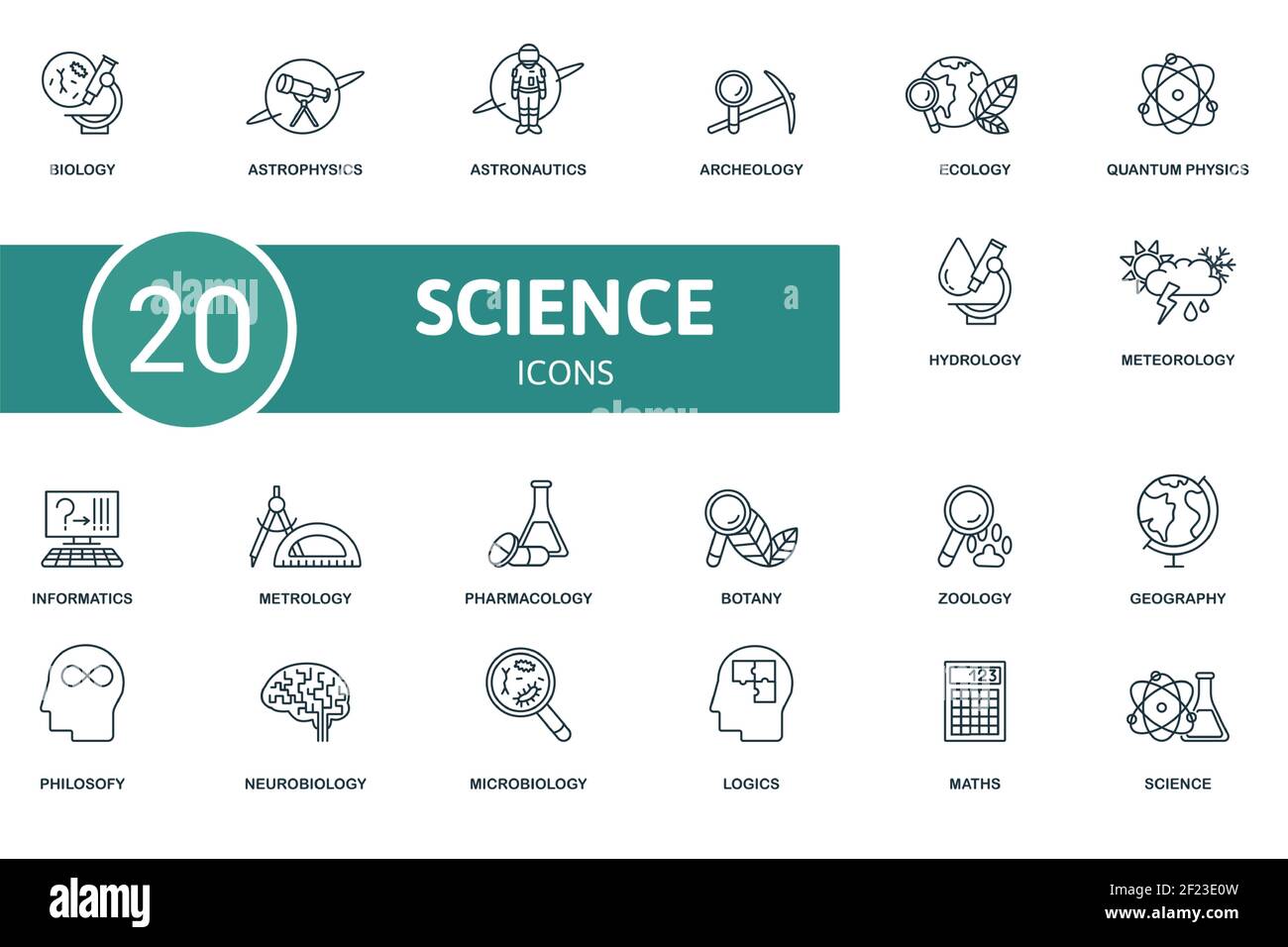 Science icon set. Contains editable icons science theme such as astrophysics, archeology, quantum physics and more. Stock Vector