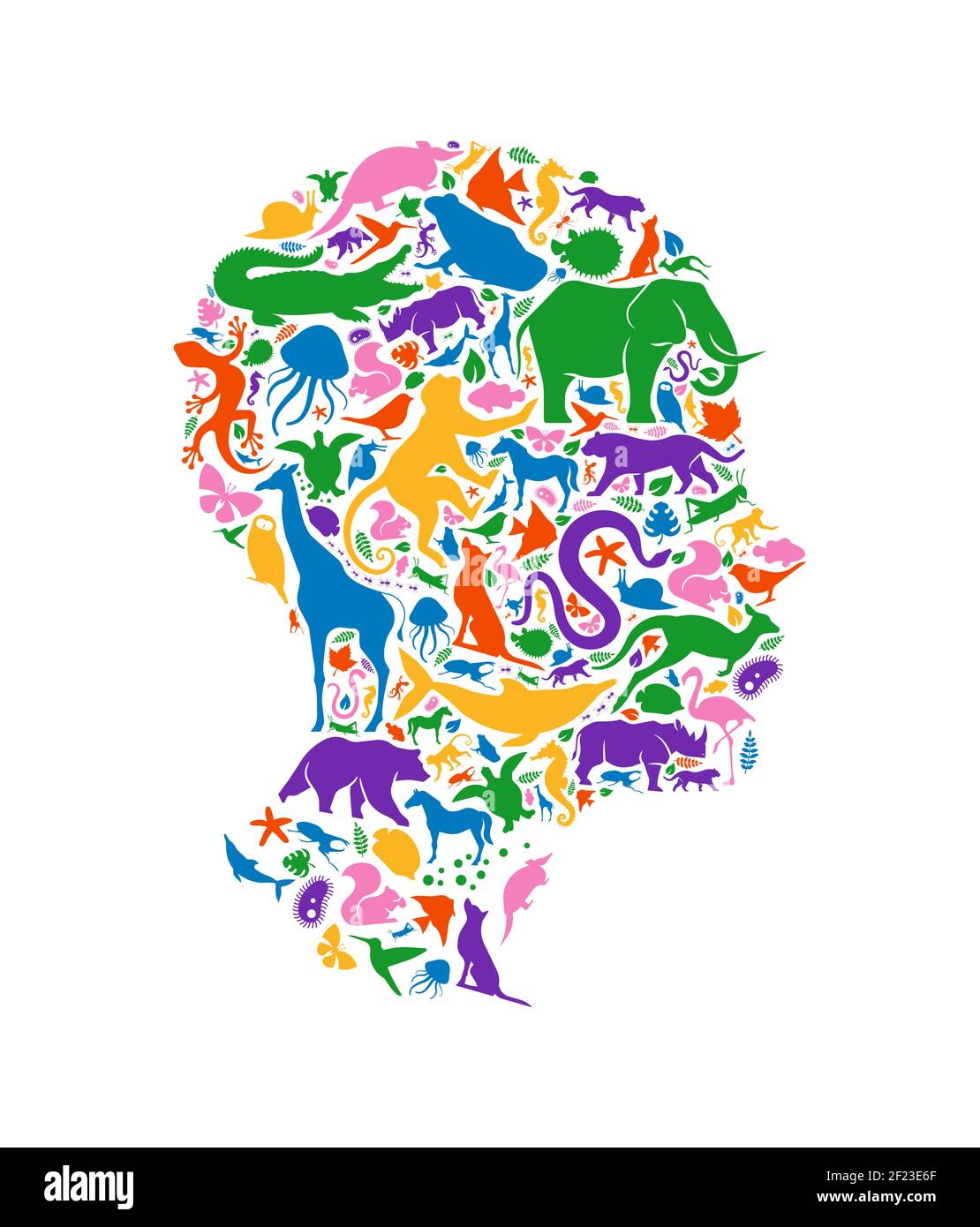 Diverse animal shapes making human head shape on isolated white background. Colorful animals silhouette illustration for wild life diversity concept o Stock Vector