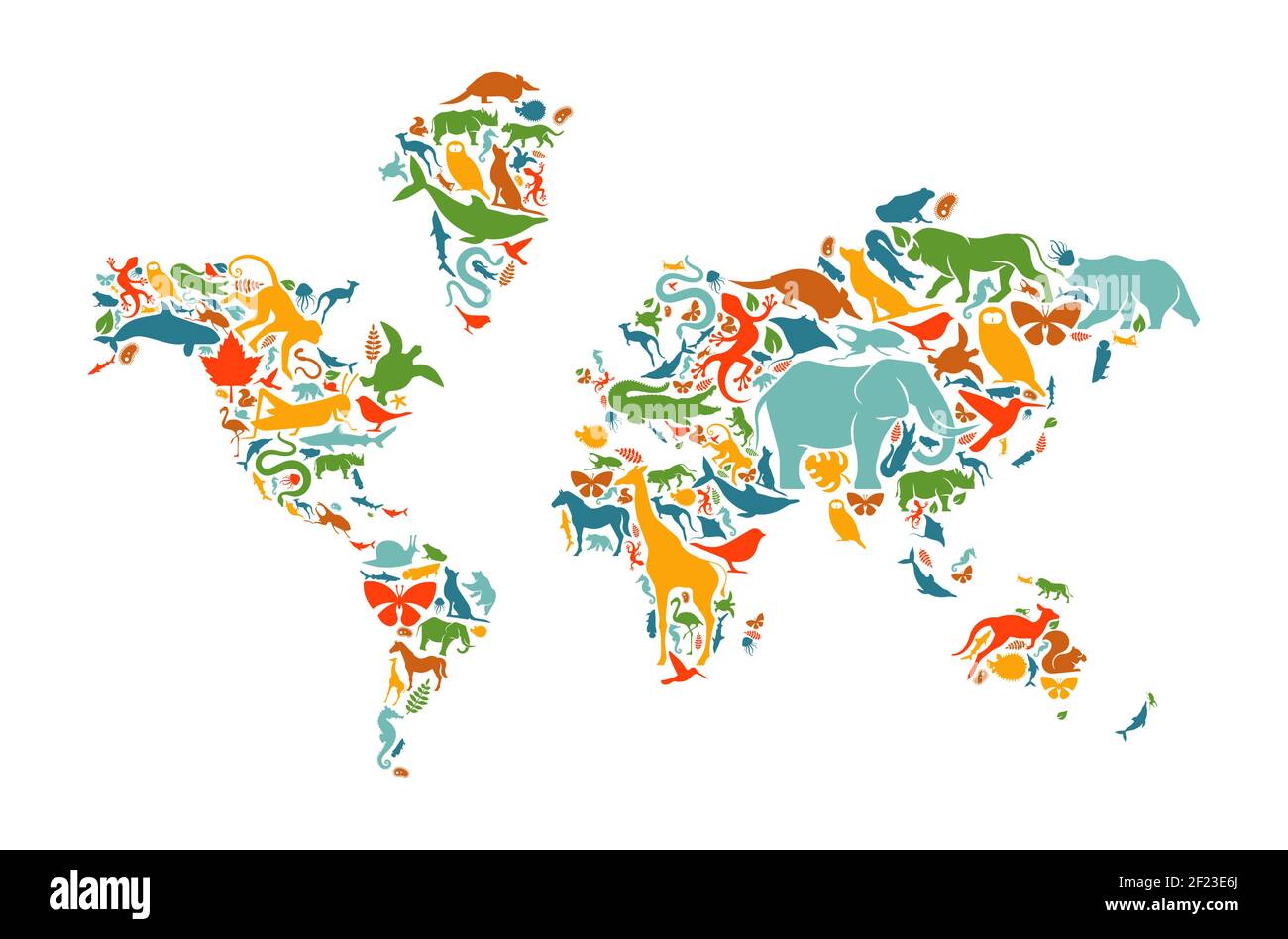 Diverse animal shapes making world map shape on isolated white background. Colorful animals
