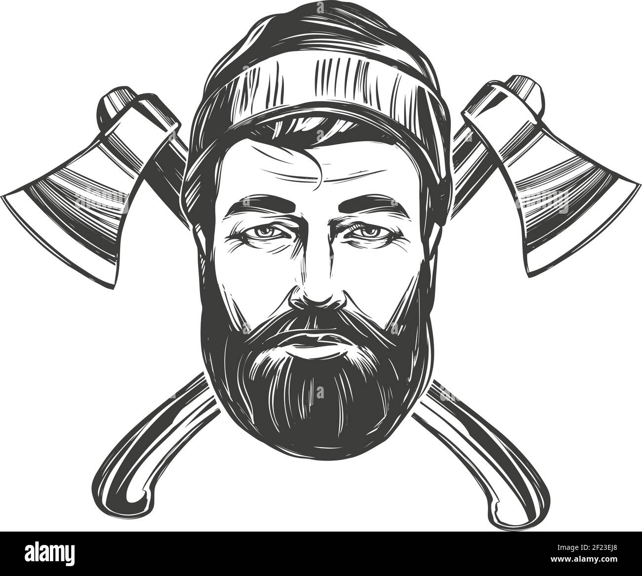 face of a burly woodcutter against the background of axes hand drawn vector illustration sketch. Stock Vector