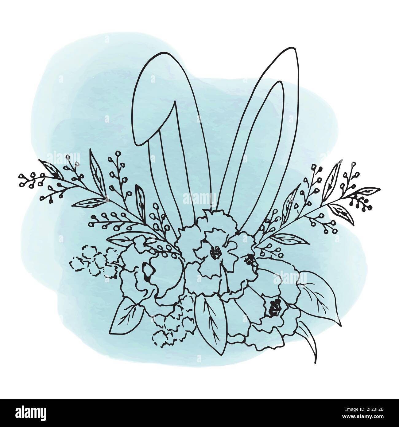 Sketch of an Easter bouquet of flowers and leaves with protruding ears of a bunny. Vector illustration in the style of lineart handdrawn isolates a bl Stock Vector