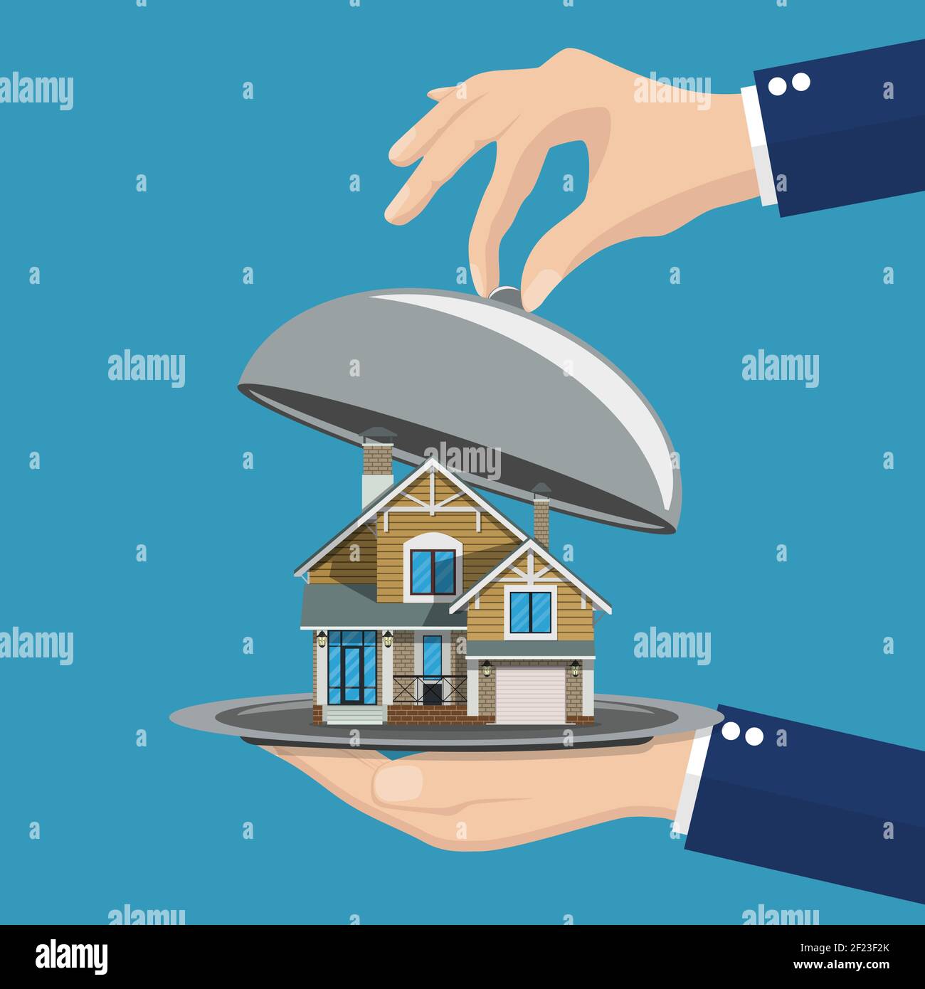 Hand opens serve cloche with house inside. Stock Vector