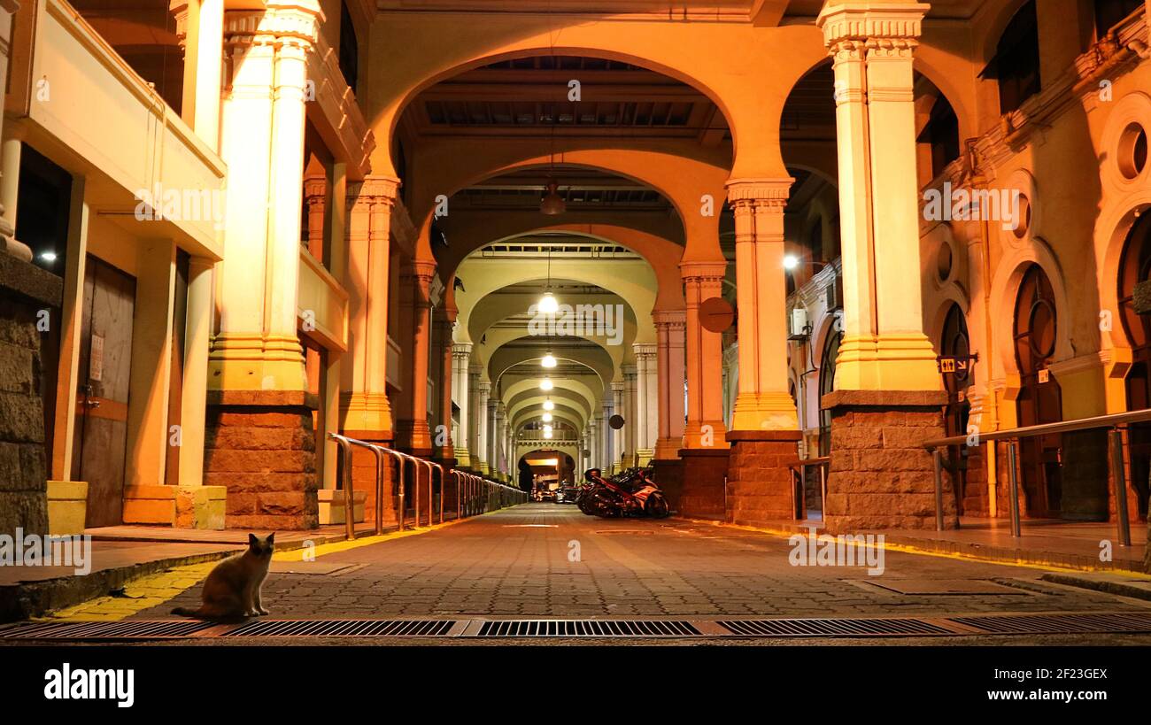Old Kuala Lumpur KTM Komuter Train Station At Night: Indo-Saracenic designed entrance to the KL KTM train station Stock Photo
