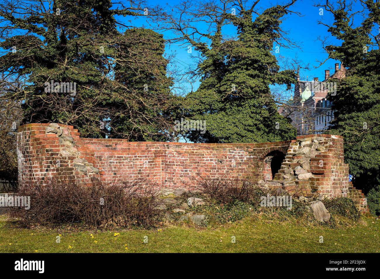 Jarmer's Tower (Danish: Jarmers Tårn) is an old ruined tower in Copenhagen, Denmark. It was once part of the Copenhagen moat. Stock Photo