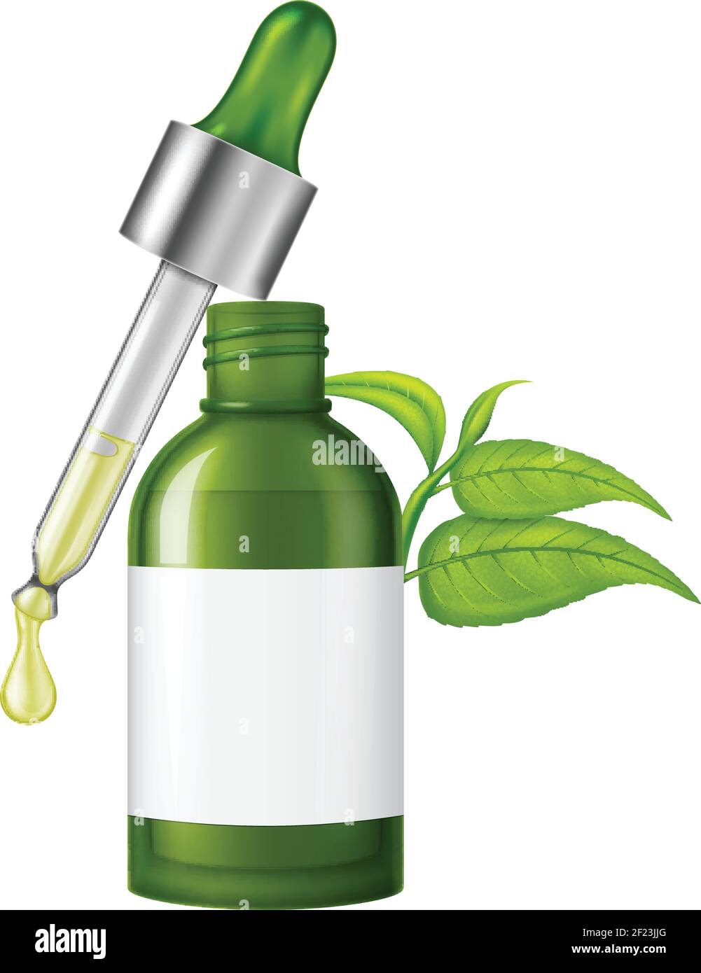 Eye dropper dropping essential of tea tree oil and glass bottle with