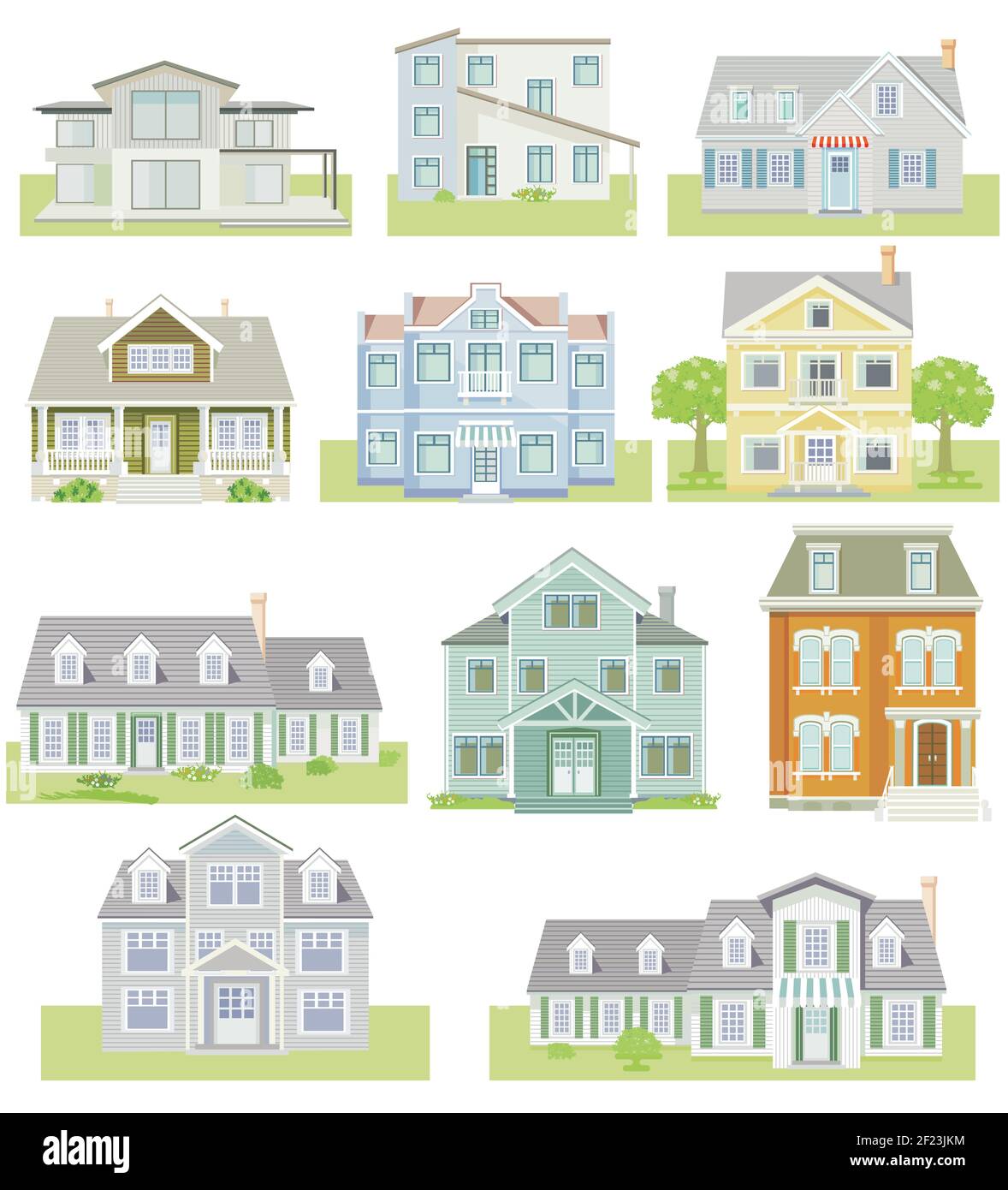 Set of houses and apartment houses, country houses, wooden houses, family houses, illustration Stock Vector