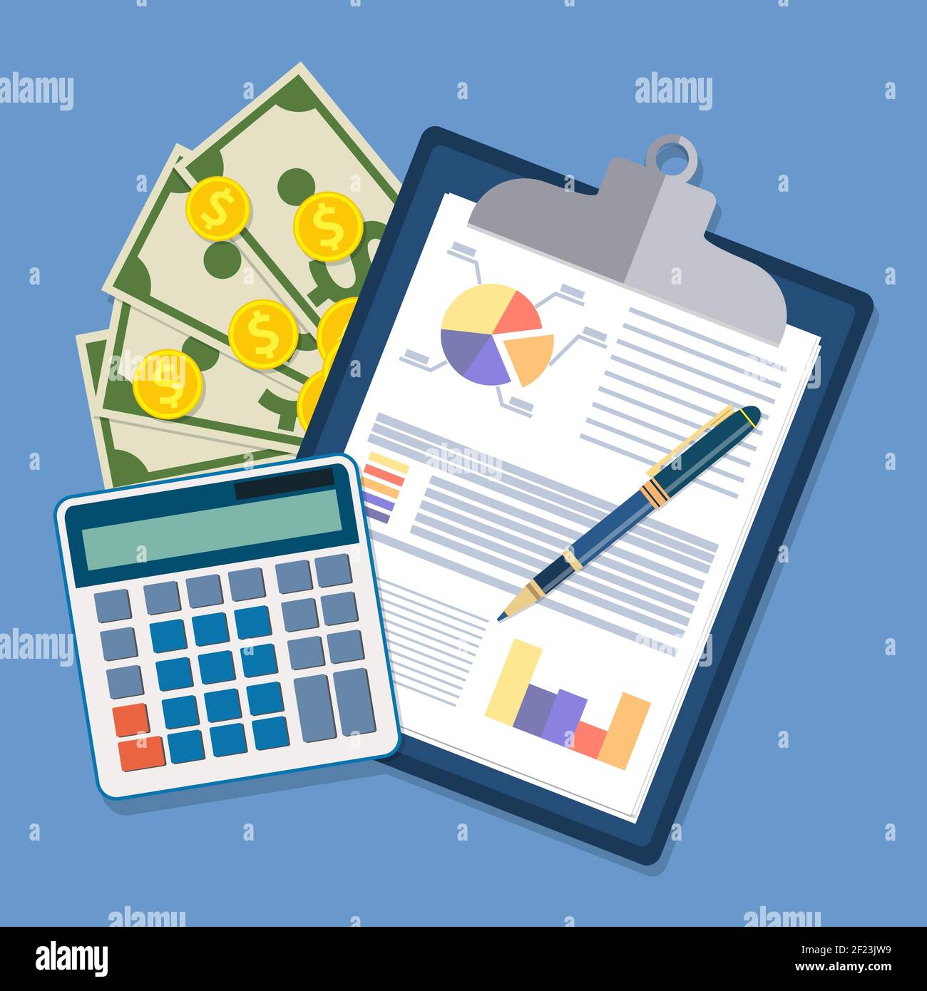 clipboard with financial reports and pen. Stock Vector