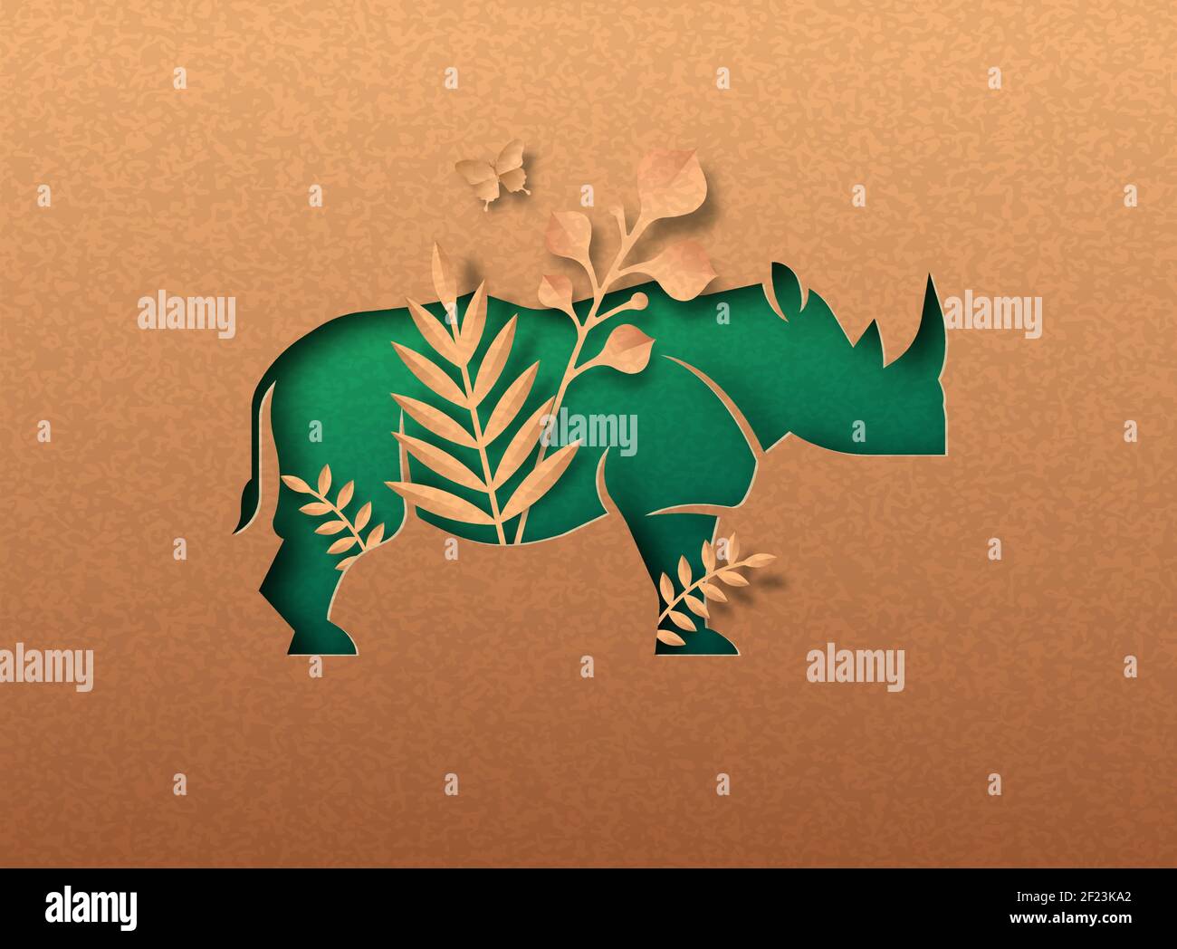 Rhinoceros animal green papercut illustration with tropical plant leaf. Recycled paper texture rhino cutout concept for wild life protection, anti poa Stock Vector