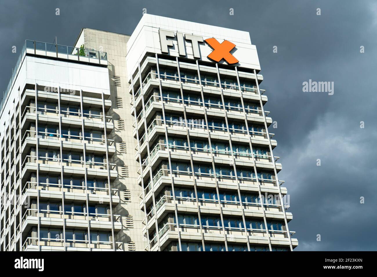 BERLI, GERMANY - May 14, 2020: BERLIN, GERMANY May 14, 2020. The FitX Sportclub Building at the Alexanderplatz. Stock Photo