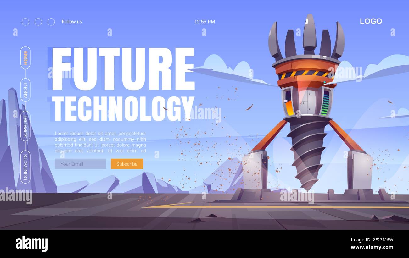 Future technology cartoon landing page with futuristic drilling rig, drill ship for exploration and mining. Landscape with platform and derrick with auger, spaceship for bore ground, Vector web banner Stock Vector