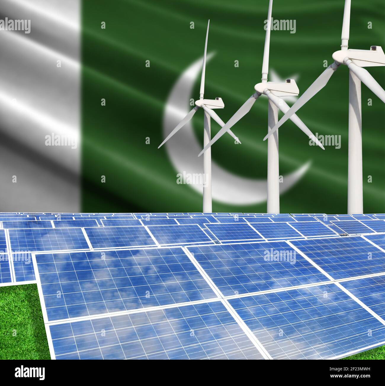 Solar panels on the background with the flag of Pakistan and Wind ...