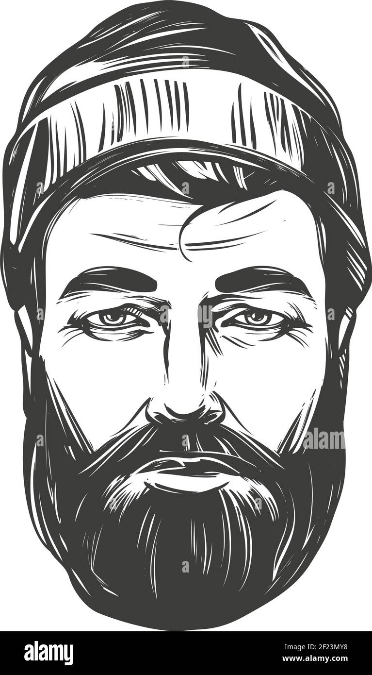 face of a bearded man in a hat hand drawn vector illustration realistic sketch. Stock Vector