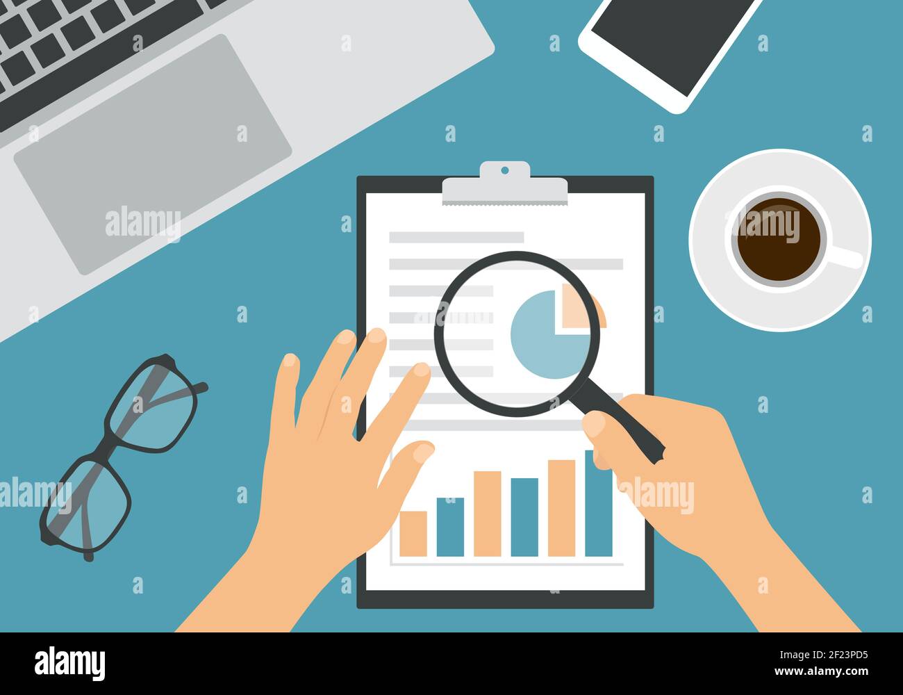 Flat design illustration of man or woman hand analyzing with magnifying glass on sheet of paper with financial chart. Laptop and cup of coffee with gl Stock Vector
