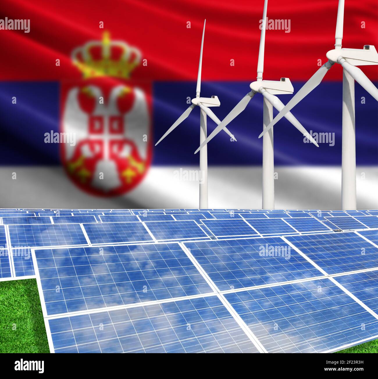 Solar panels on the background with the flag of Serbia and Wind Turbine ...