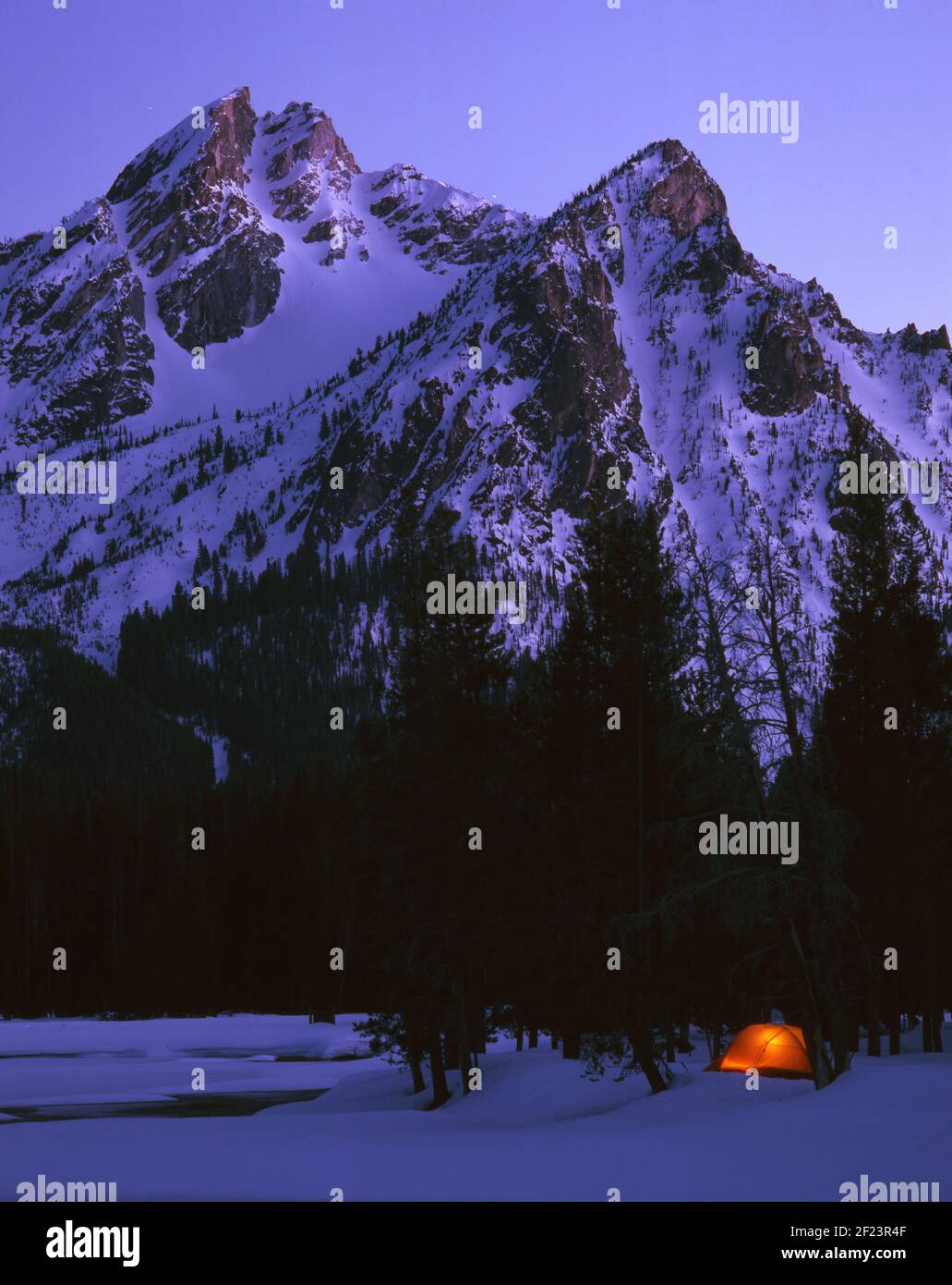 Winter camping at Stanley Lake with McGown peak in the backgroung Stock Photo
