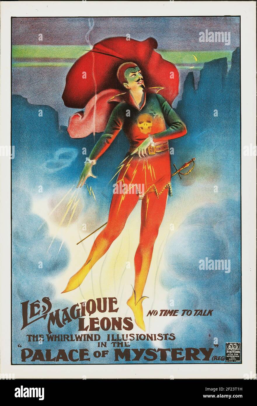 Classic poster, Les Magique Leons Palace of Mystery, illusionist. Early 1900s. Stock Photo
