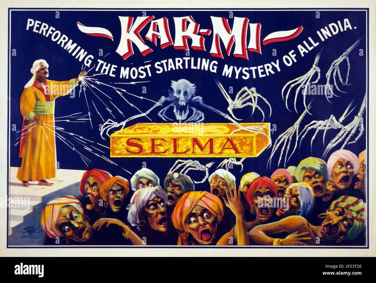 Classic poster, Kar-Mi Mystery-Selma, Performing the most startling mystery of all India. 1914. Stock Photo