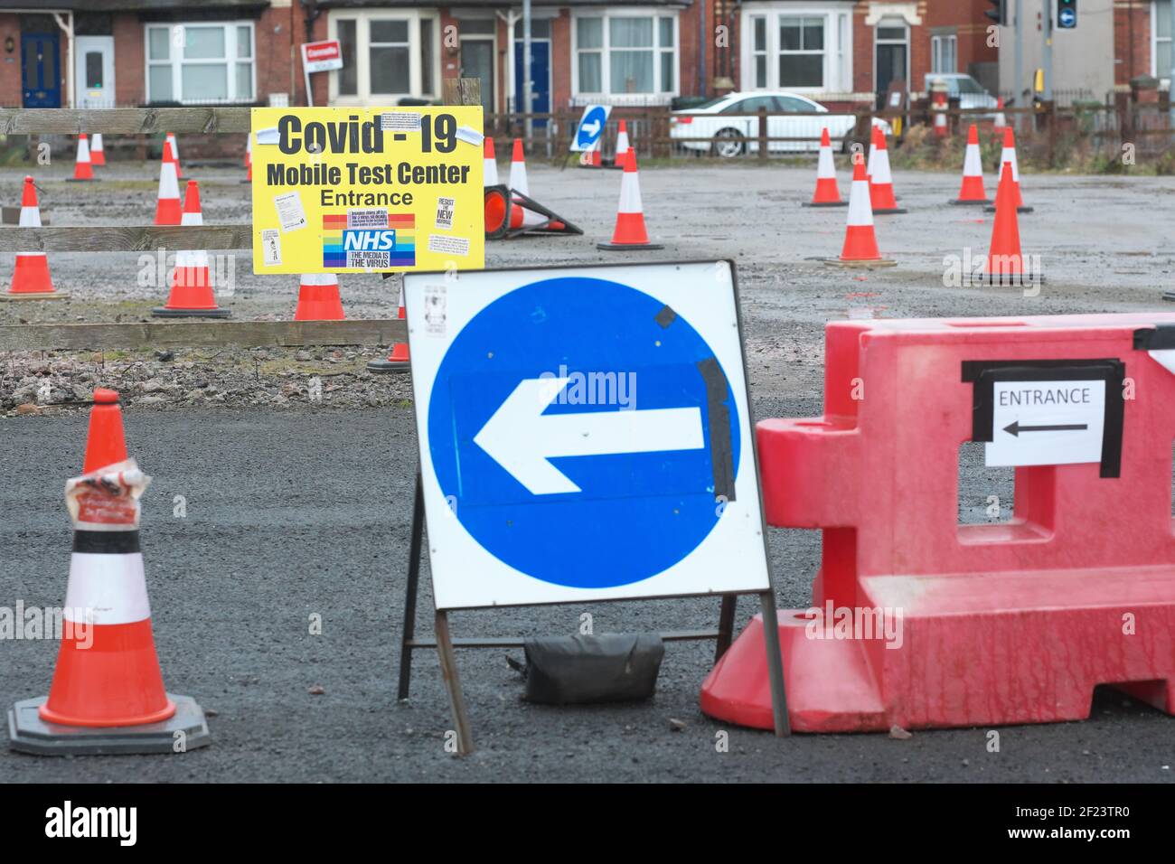 Hereford, Herefordshire, UK - Wednesday 10th March 2021 - The Covid-19 Test and Trace swab testing centre in Hereford is currently closed and out of use. The entrance sign is now covered in anti Covid anti pandemic stickers. Photos Steven May / Alamy Live News Stock Photo
