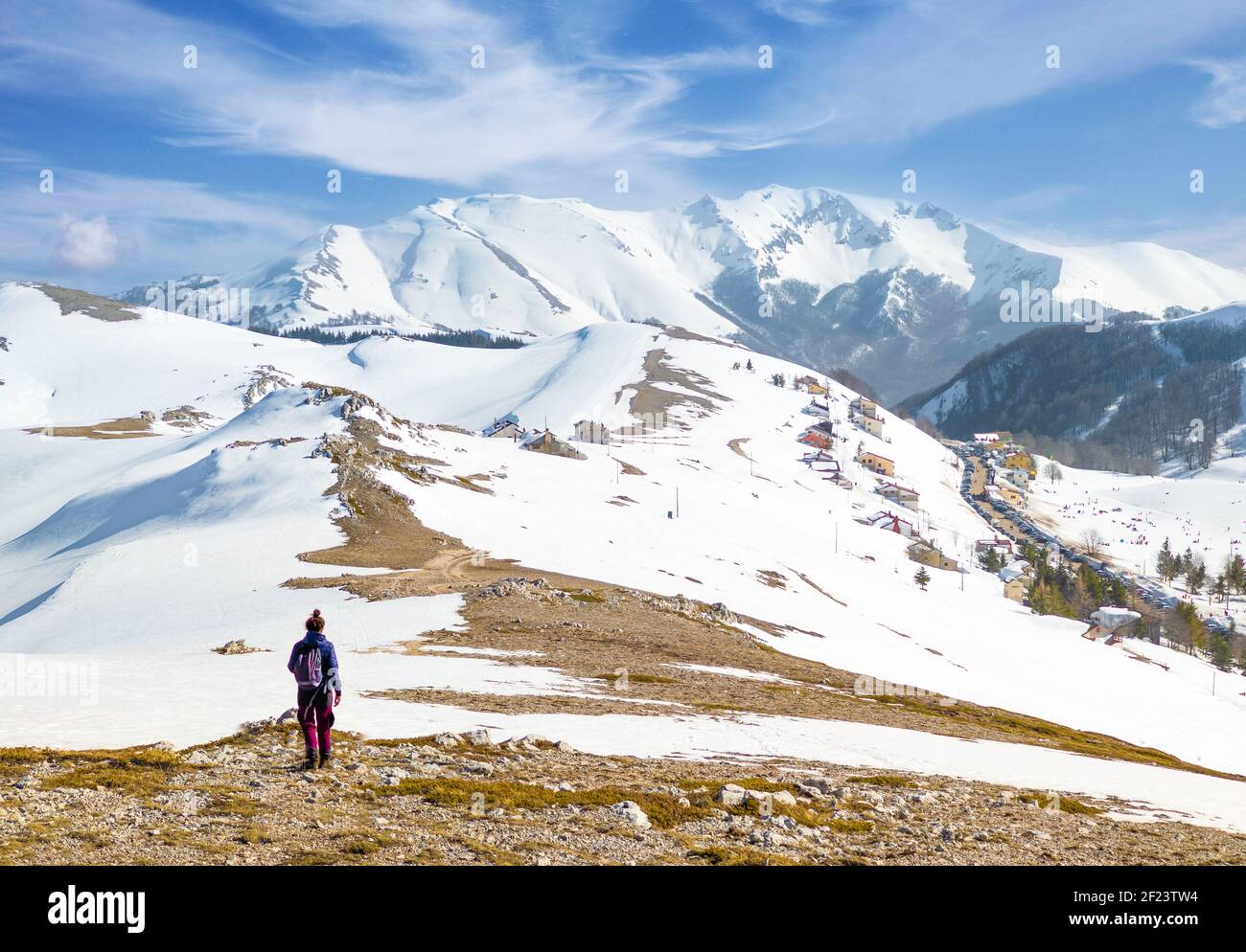 Campo Staffi and Mount Cotento (Italy) - The snow capped mountains with forest in the province of Frosinone, Lazio region, in Simbruini mounts. Stock Photo