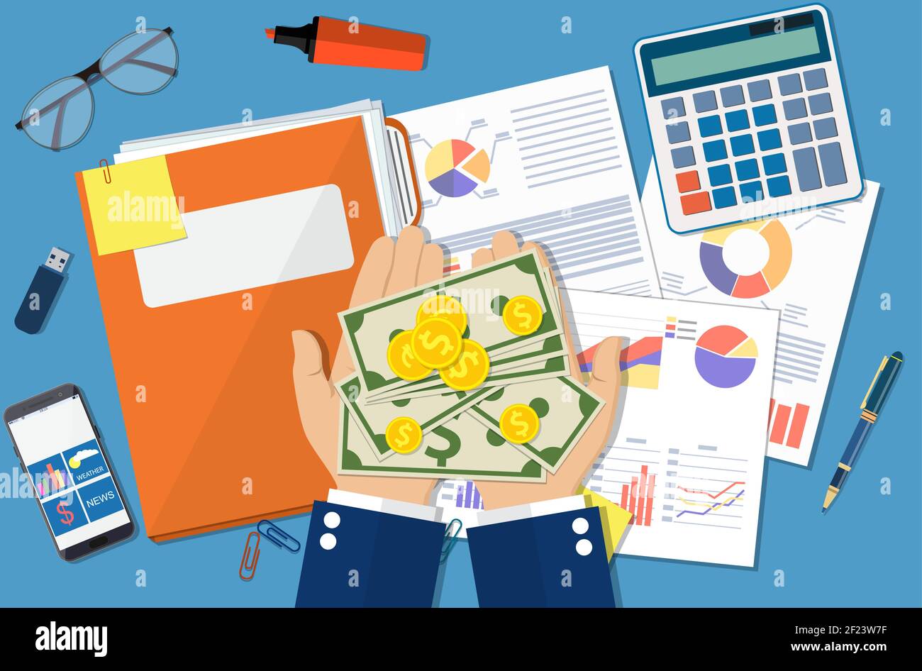 hands with money and folder financial reports Stock Vector
