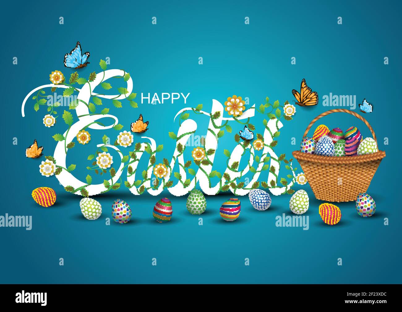 happy Easter greetings. Easter letter decorate with leaf and flowers ...