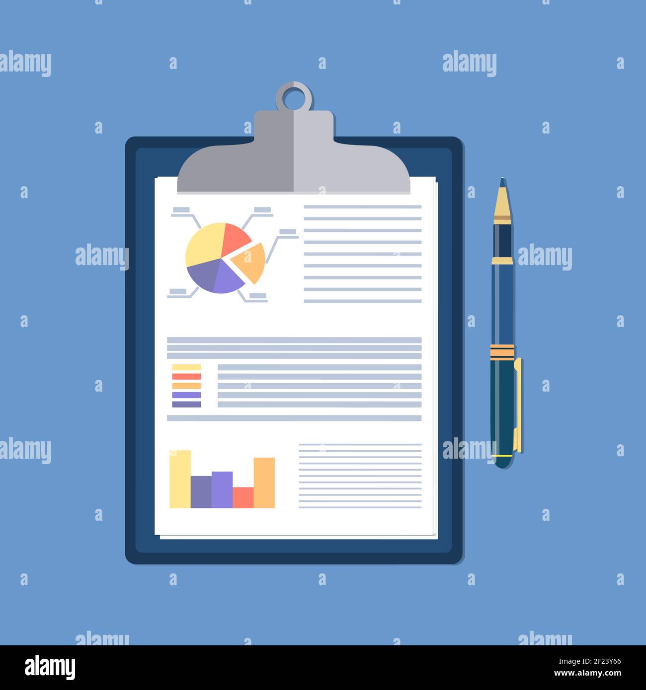 clipboard with financial reports and pen. Stock Vector