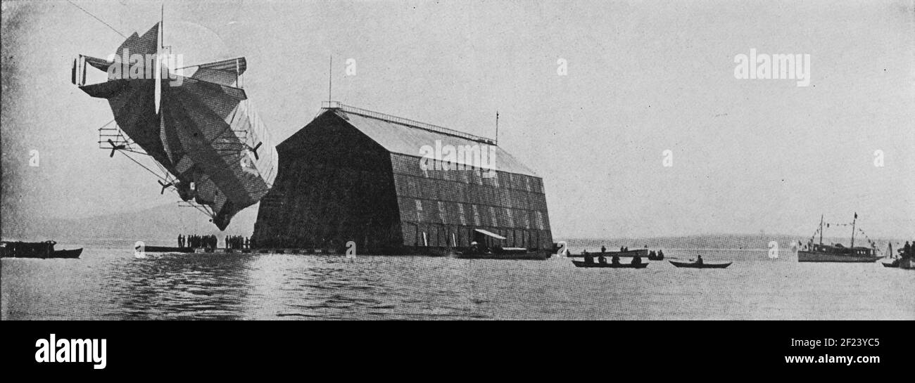 Zeppelin rigid airship at Friedrichshafen on Lake Constance in Southern Germany most likely LZ-4 circa 1908 Stock Photo